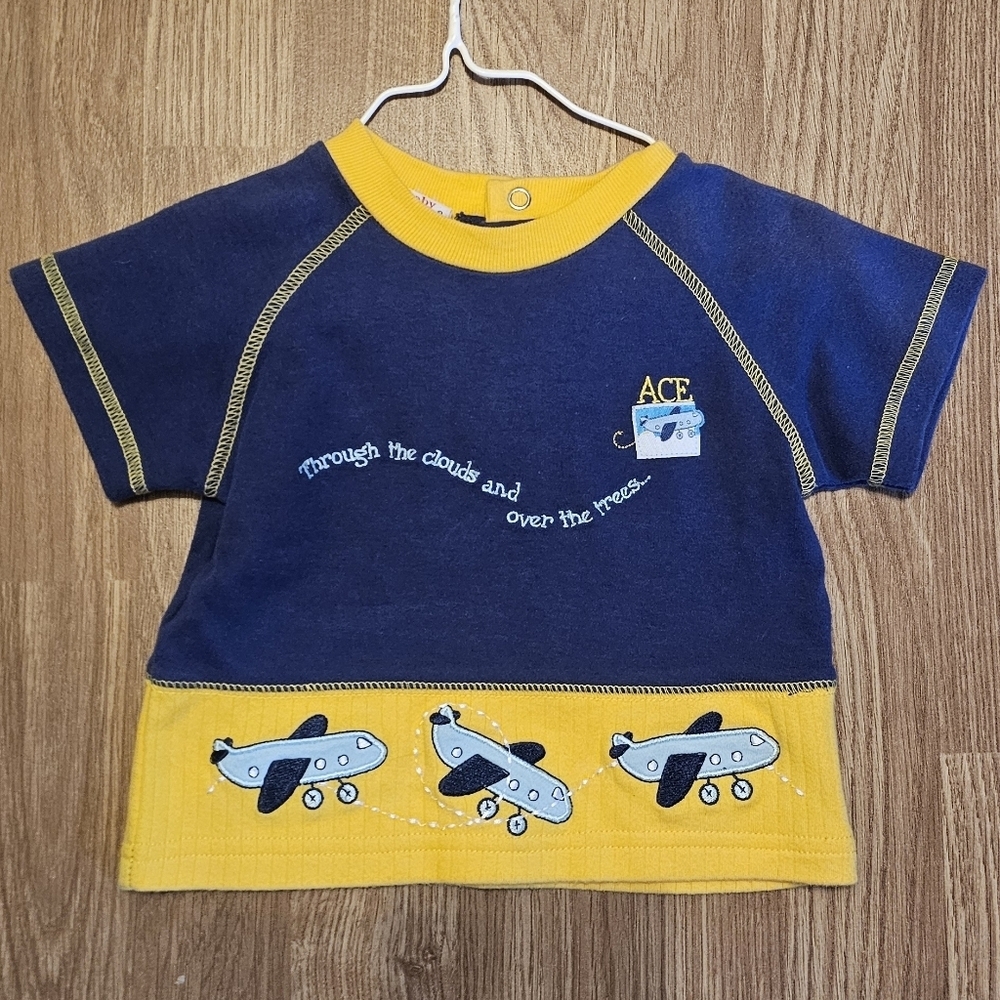 Y2K Vintage Okie Dokie Blue and Yellow Baby Top With Airplanes size 6 to 9 month
